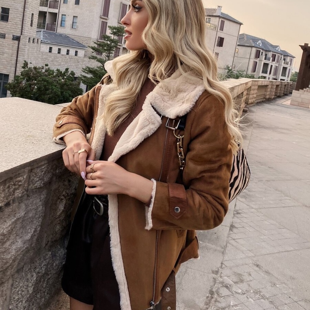 camel  teddy vegan suede belt trench coat jacket - Picture 3 of 6